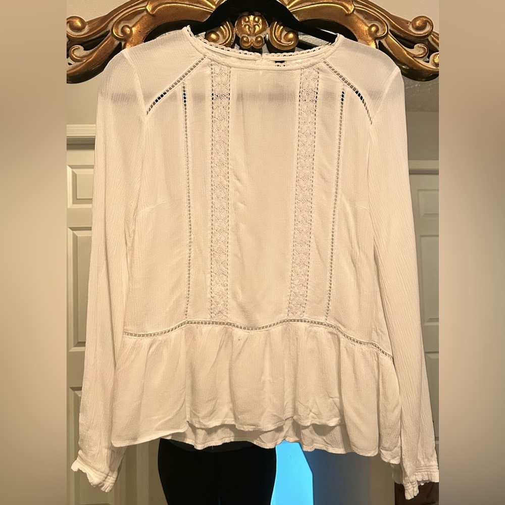 White Long Sleeve Ruffled Peplum Blouse with Bib Collar